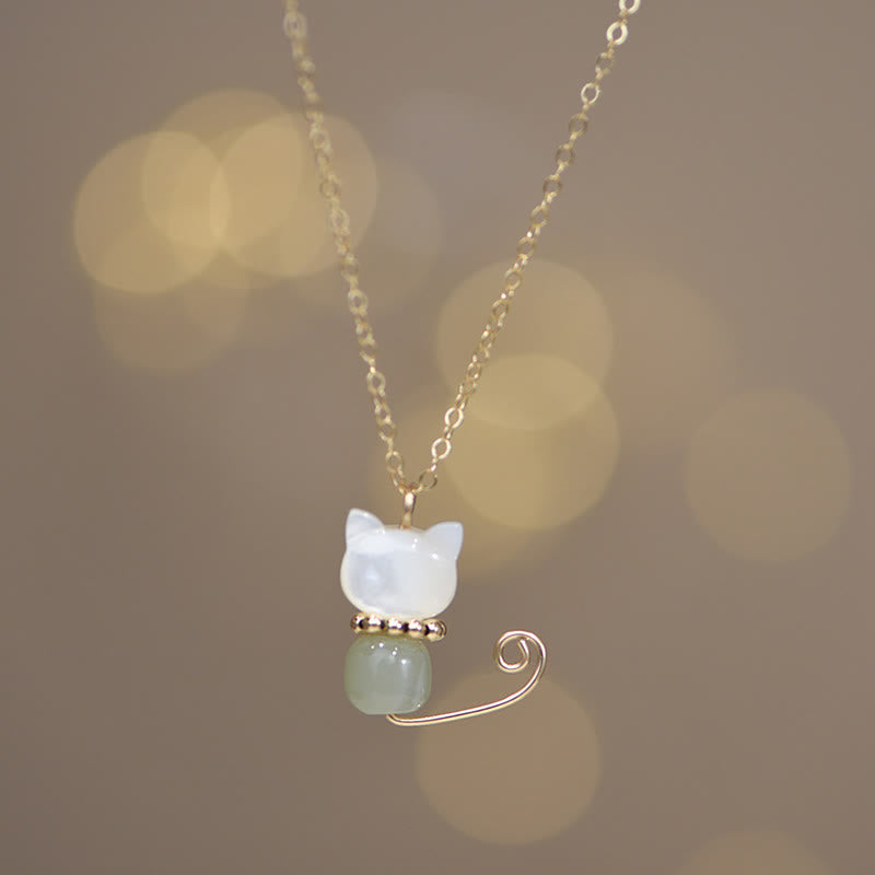 Buddha Stones 14K Gold Plated Pearl Hetian Jade Shell Luck Cat Kitten Necklace Pendant Necklaces & Pendants BS 5