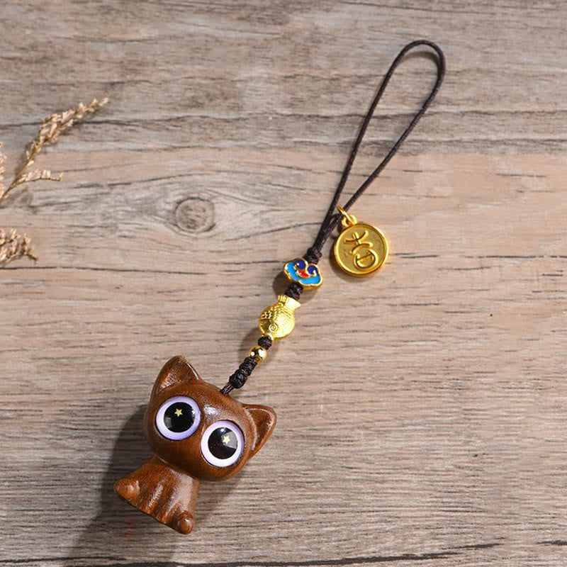 Buddha Stones Green Sandalwood Lucky Cat Koi Fish Cure Key Chain Phone Hanging Decoration Key Chain BS Green Sandalwood Cat Phone Hanging Decoration
