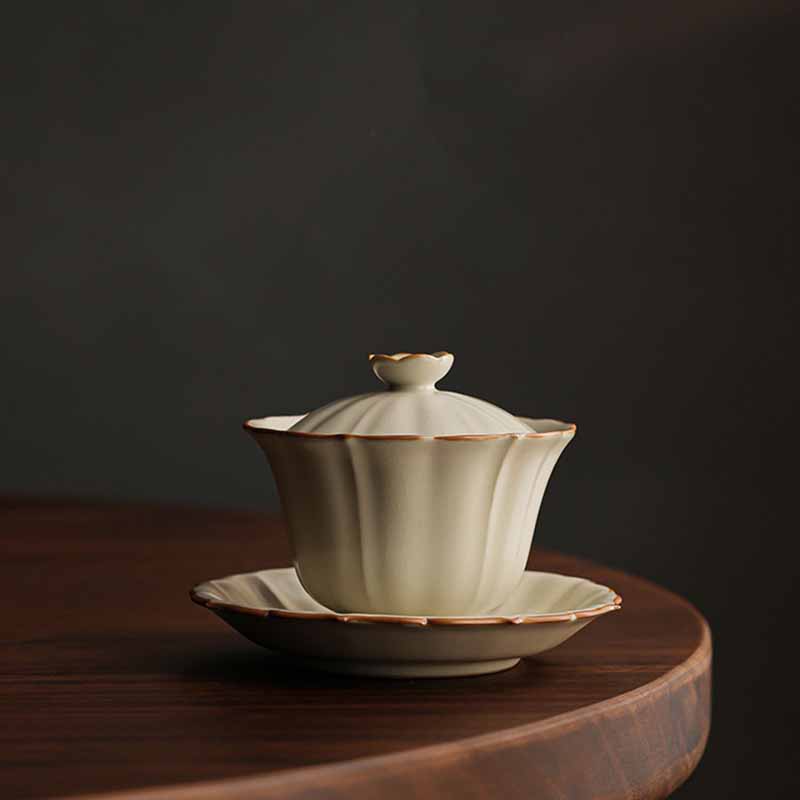 Buddha Stones Beige Plum Blossom Shape Peach Branch Ceramic Gaiwan Sancai Teacup Kung Fu Tea Cup With Lid Cup BS 16