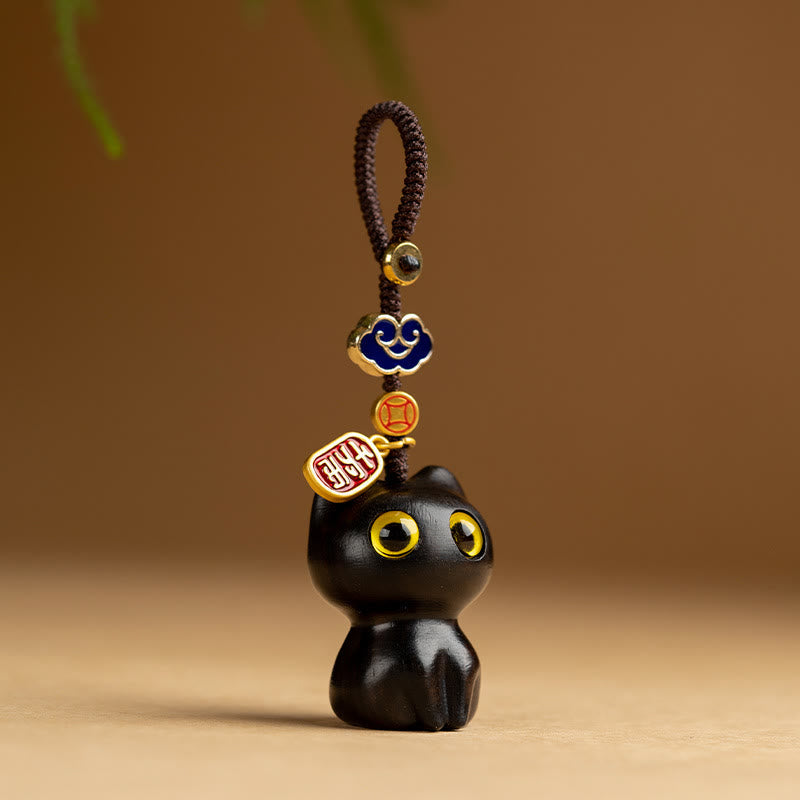 Buddha Stones Small Leaf Red Sandalwood Ebony Wood Lucky Cat Protection Key Chain Phone Hanging Decoration Key Chain BS Ebony Cat Key Chain