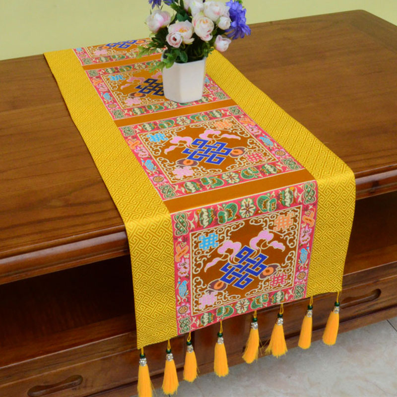 Buddha Stones Prayer Altar Mat Man-Bcu Kalachakra Endless Knot Vajra Tibetan Auspicious Symbols Tassels Table Runner Prayer Altar BS The Knot of Eternity Gold 190*33cm