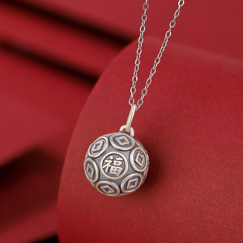 Buddha Stones 990 Sterling Silver Fu Character Copper Coin Luck Fortune Chain Necklace Pendant Necklaces & Pendants BS Fu Character(Happiness♥Blessing)