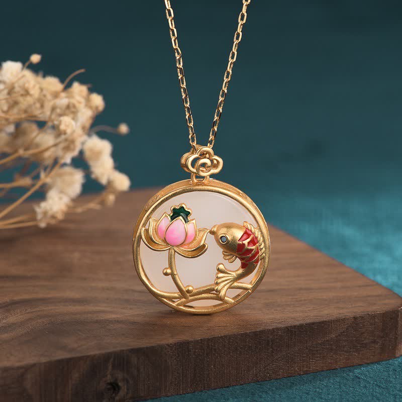 Buddha Stones White Jade Koi Fish Lotus Blessing Necklace Pendant Necklaces & Pendants BS White Jade