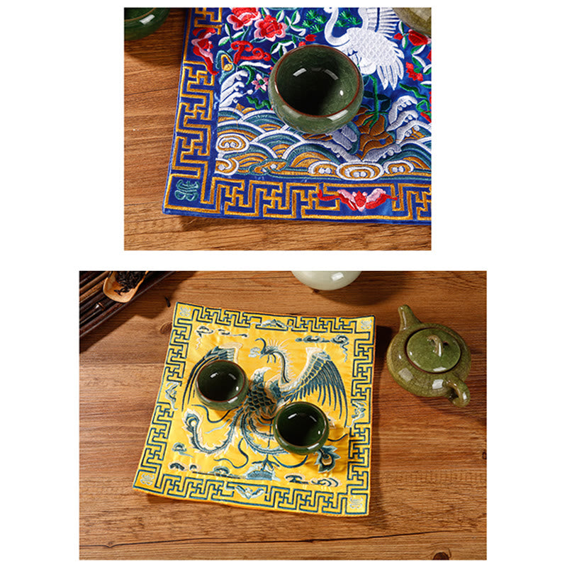 Buddha Stones Crane Phoenix Dragon Kirin Embroidered Cup Mat Pad Tea Cup Coaster Square Kung Fu Tea Mat Tea Mat BS 36
