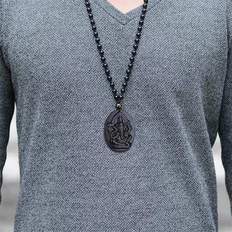 Buddha Stones Tibetan Obsidian Ganesh Ganpati Elephant Wealth Amulet Necklace Necklace BS 6