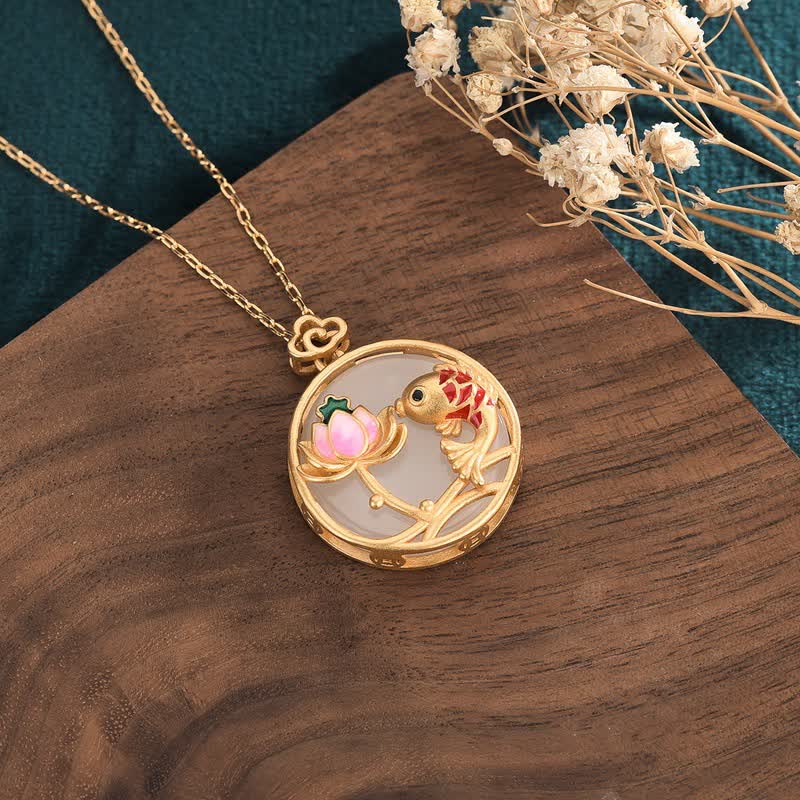 Buddha Stones White Jade Koi Fish Lotus Blessing Necklace Pendant Necklaces & Pendants BS 1
