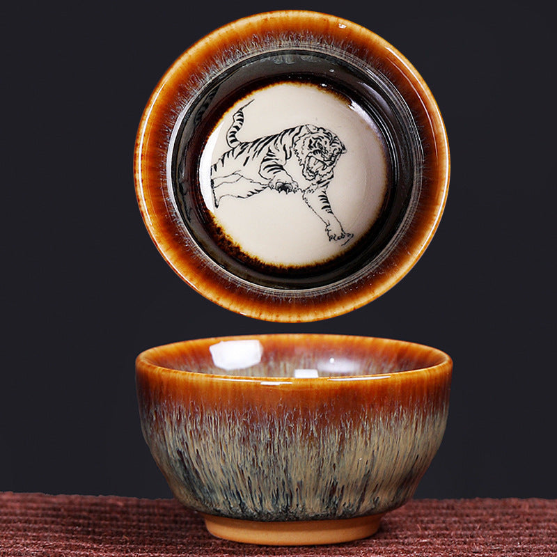 Buddha Stones 12 Chinese Zodiac Pattern Ceramic Teacup Kung Fu Jian Chinese Zhan Tea Cup 73ml Jian Zhan Tea Cup BS Tiger 6.8cm*3.6cm*73ml