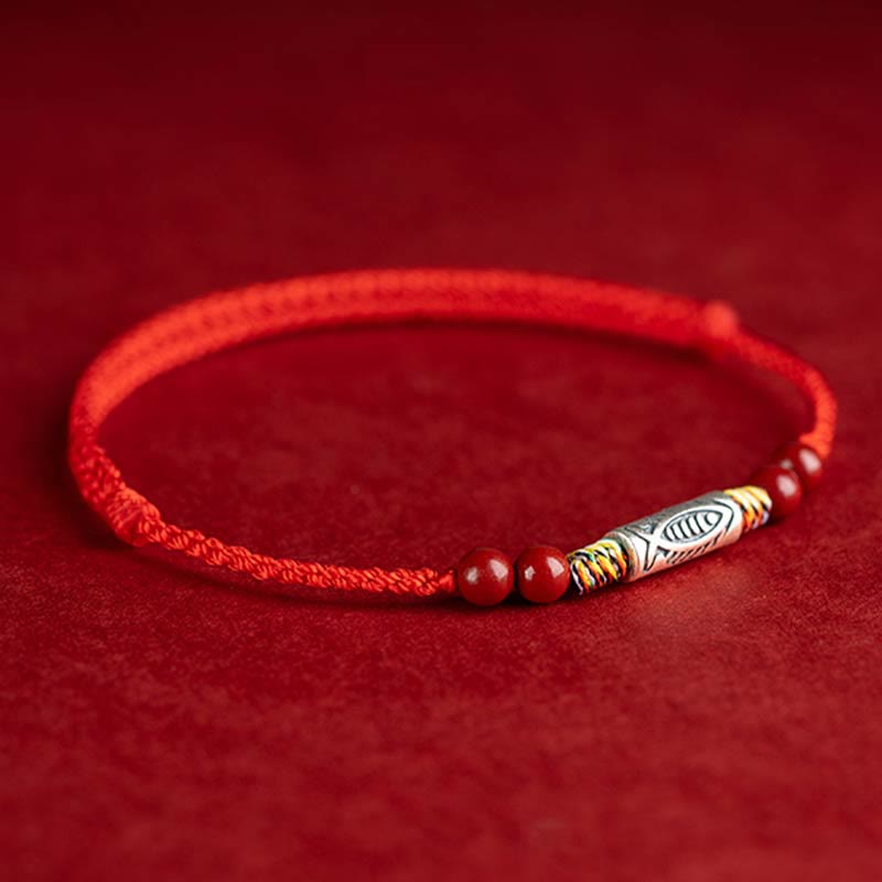 Buddha Stones 925 Sterling Silver Koi Fish Cinnabar Bead Wealth Handcrafted Braided Bracelet Anklet Bracelet Anklet BS 2