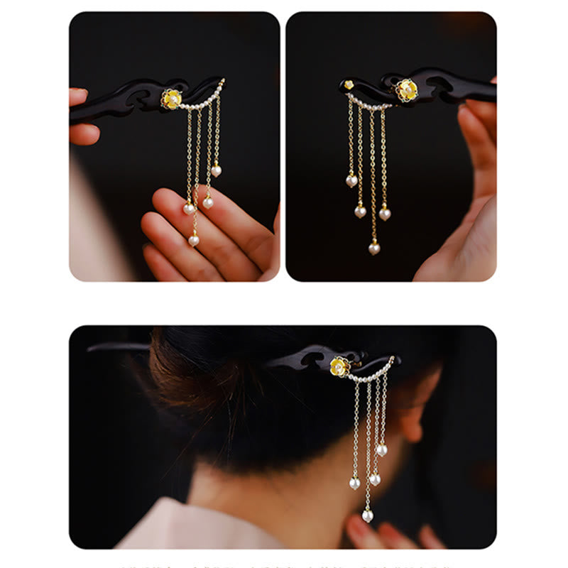 Buddha Stones Ebony Wood Yellow Flower Pearl Tassels Hairpin Hairpin BS 4