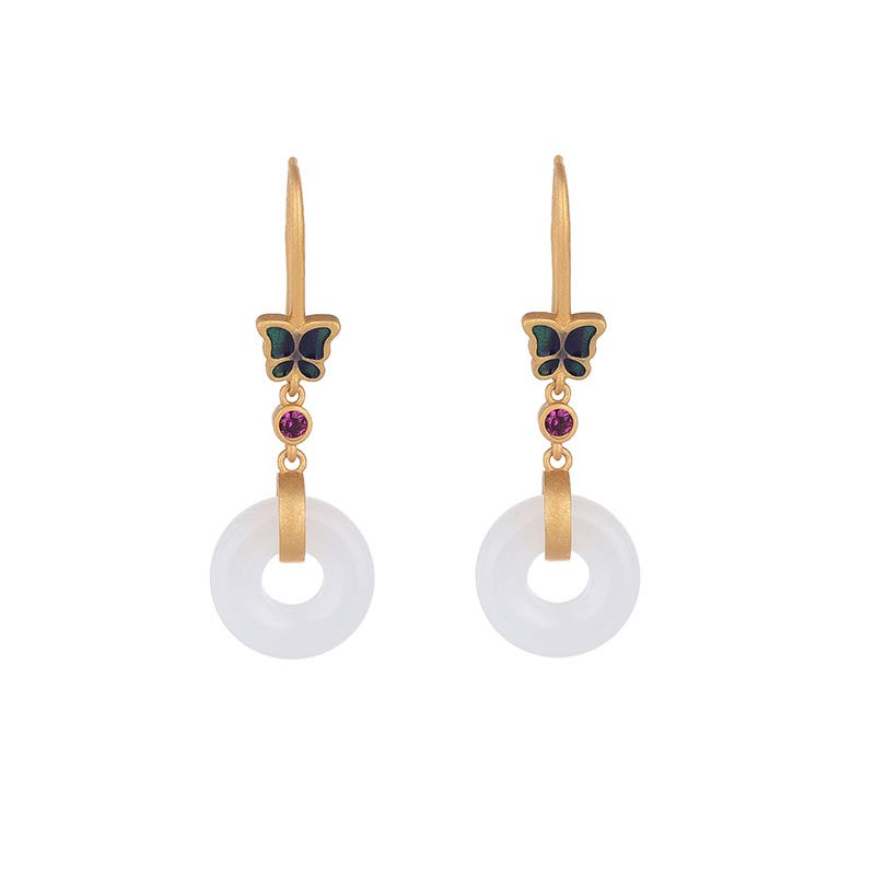Buddha Stones FengShui White Jade Butterfly Fortune Earrings Earrings BS White Jade