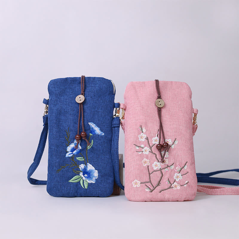 Buddha Stones Small Embroidered Flowers Crossbody Bag Shoulder Bag Cellphone Bag 11*20cm Crossbody Bag BS 1
