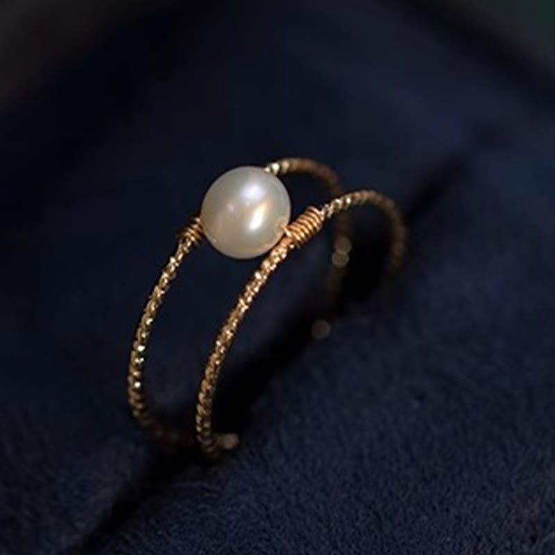 Buddha Stones Round Jade Pearl Bead Double Layer Copper Luck Adjustable Ring Ring BS 11