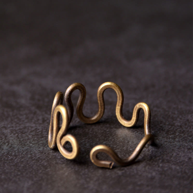 Buddha Stones Simple Curved Brass Design Copper Luck Wealth Adjustable Ring Ring BS 1