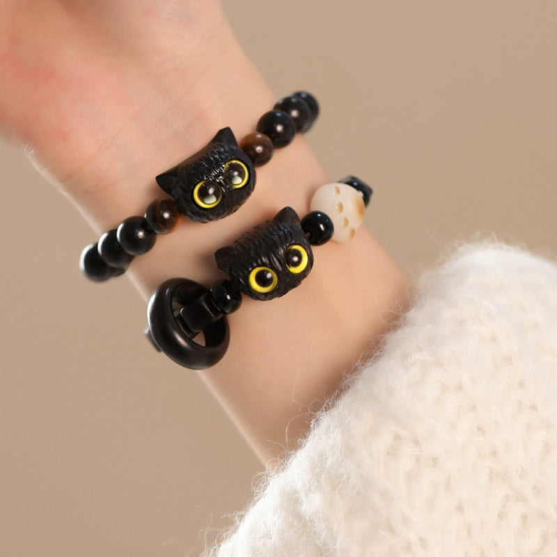 Buddha Stones Cute Ebony Wood Cat Head Pattern Peace Bracelet Bracelet BS 9