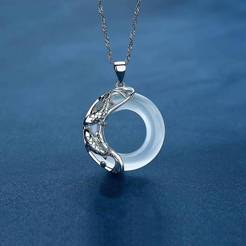 Buddha Stones "Wishing Luck and Prosperity" White Jade Koi Fish Necklace Includes Gift Message Card - image 3