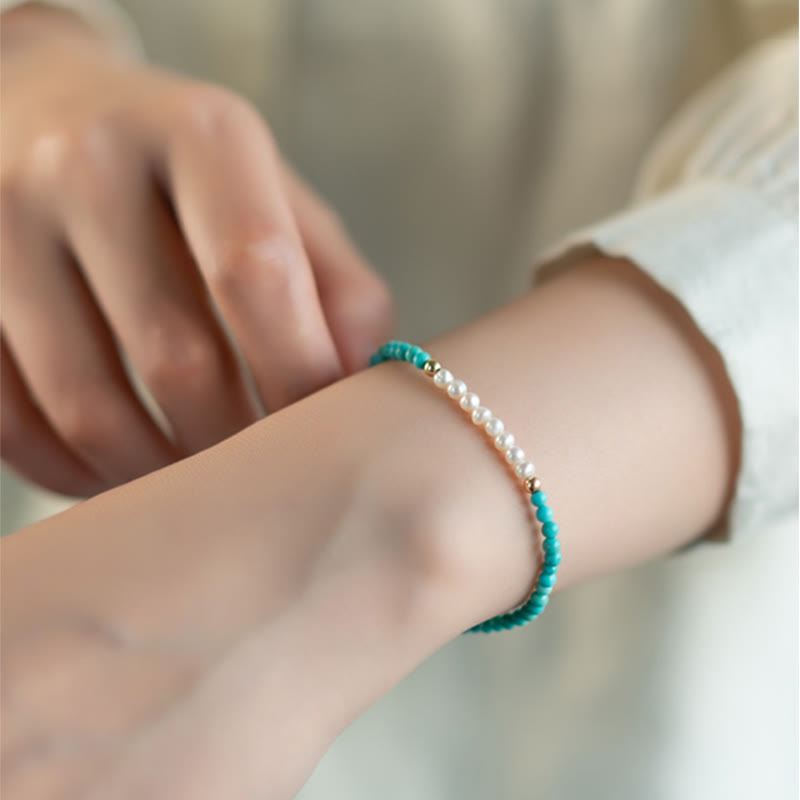 Buddha Stones 925 Sterling Silver Natural Turquoise Pearl Beaded Bracelet Bracelet BS 4