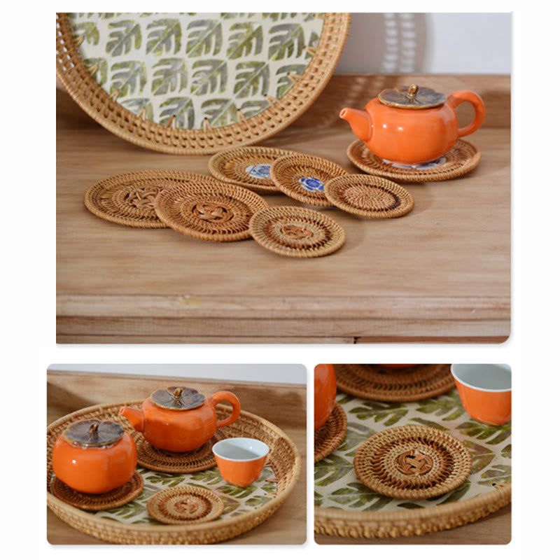 Buddha Stones Ceramic Flower Pattern Rattan Cup Mat Tea Cup Coaster Decorations BS 9