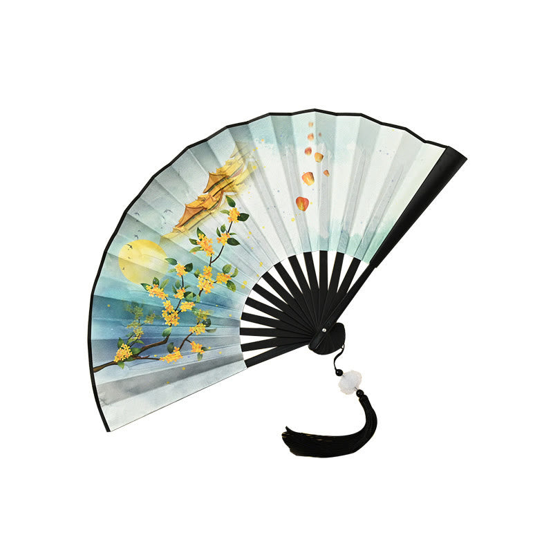 Buddha Stones Vintage Phoenix Nine-Tailed Fox Flower Bamboo Tiger Handheld Folding Fan Lotus Tassel Fan Folding Fan BS 9