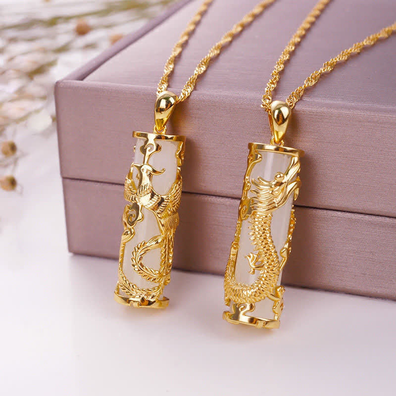 Buddhastoneshop Jade Dragon Phoenix Copper Blessing Harmony Necklace Pendant