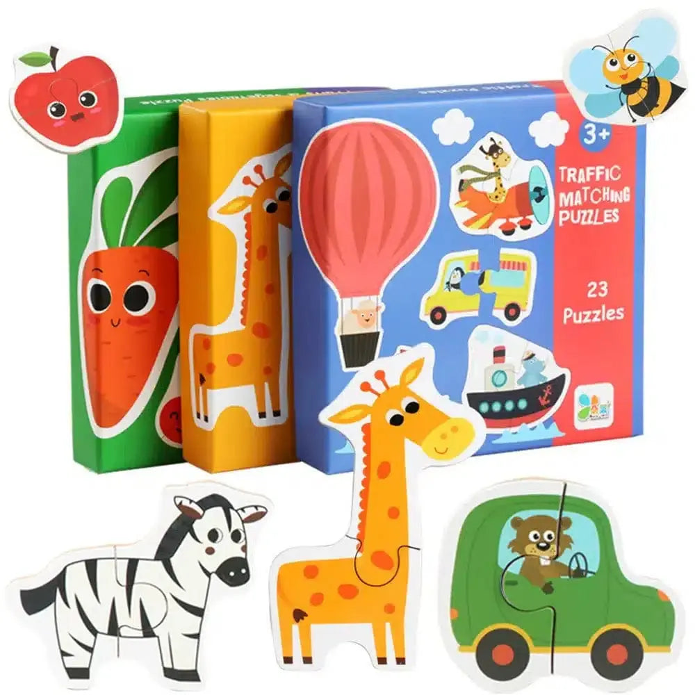 Fidtoy Themed Box of 23 Puzzles – Beginner Matching Jigsaw Puzzle Set for Kids, Animals, Vehicles, Fruits & Vegetables