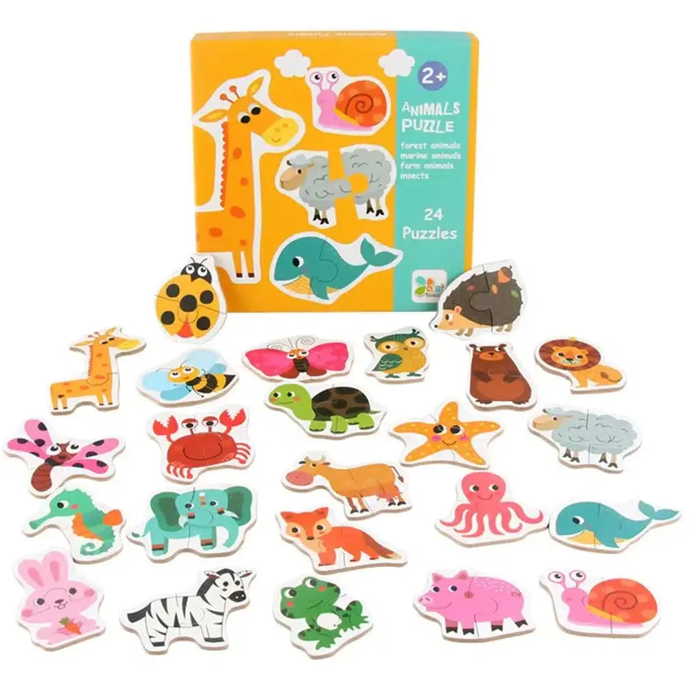 Fidtoy Themed Box of 23 Puzzles – Beginner Matching Jigsaw Puzzle Set for Kids, Animals, Vehicles, Fruits & Vegetables