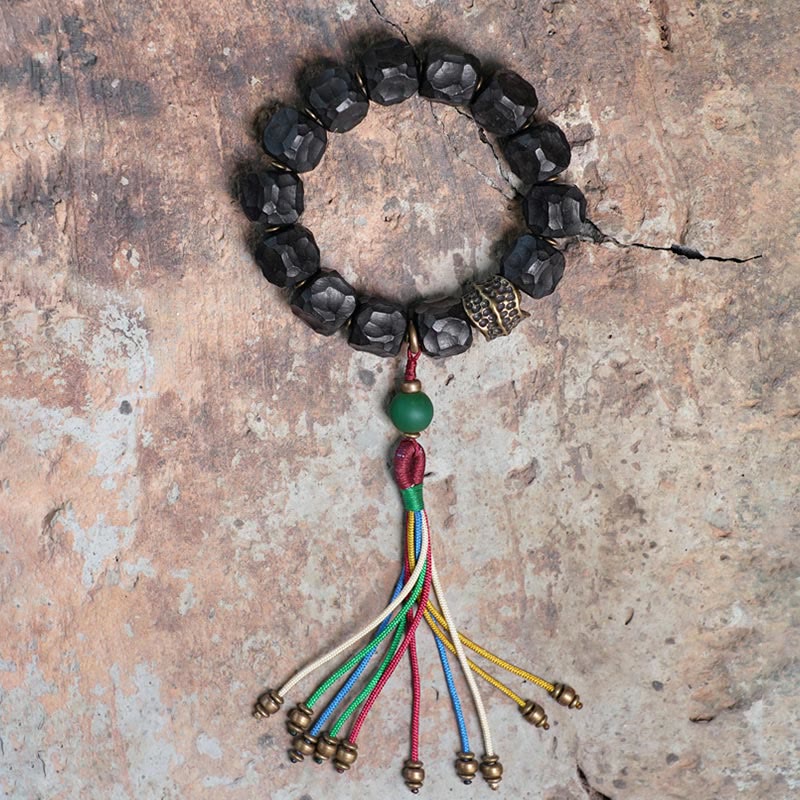 Buddha Stones Tibet Ebony Wood Copper Peace Tassel Wrist Mala Bracelet Wrist Mala BS 11