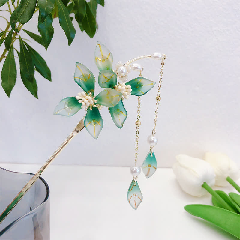 Buddha Stones Flower Leaf Pearl Peace Tassel Hairpin Hairpin BS 4