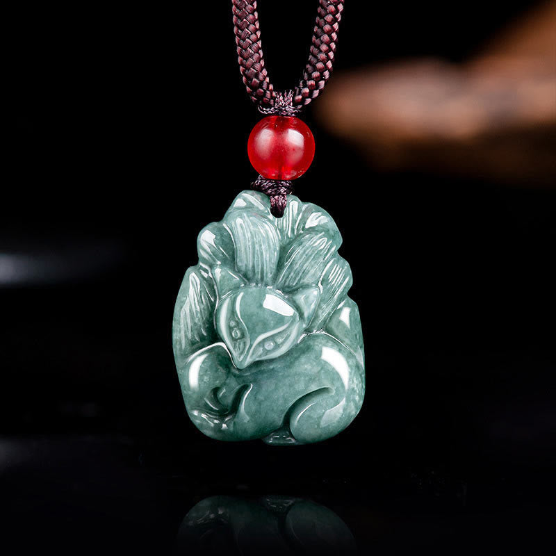 Buddha Stones Natural Green Jade Nine-Tailed Fox Engraved Prosperity Necklace Pendant Necklaces & Pendants BS 2