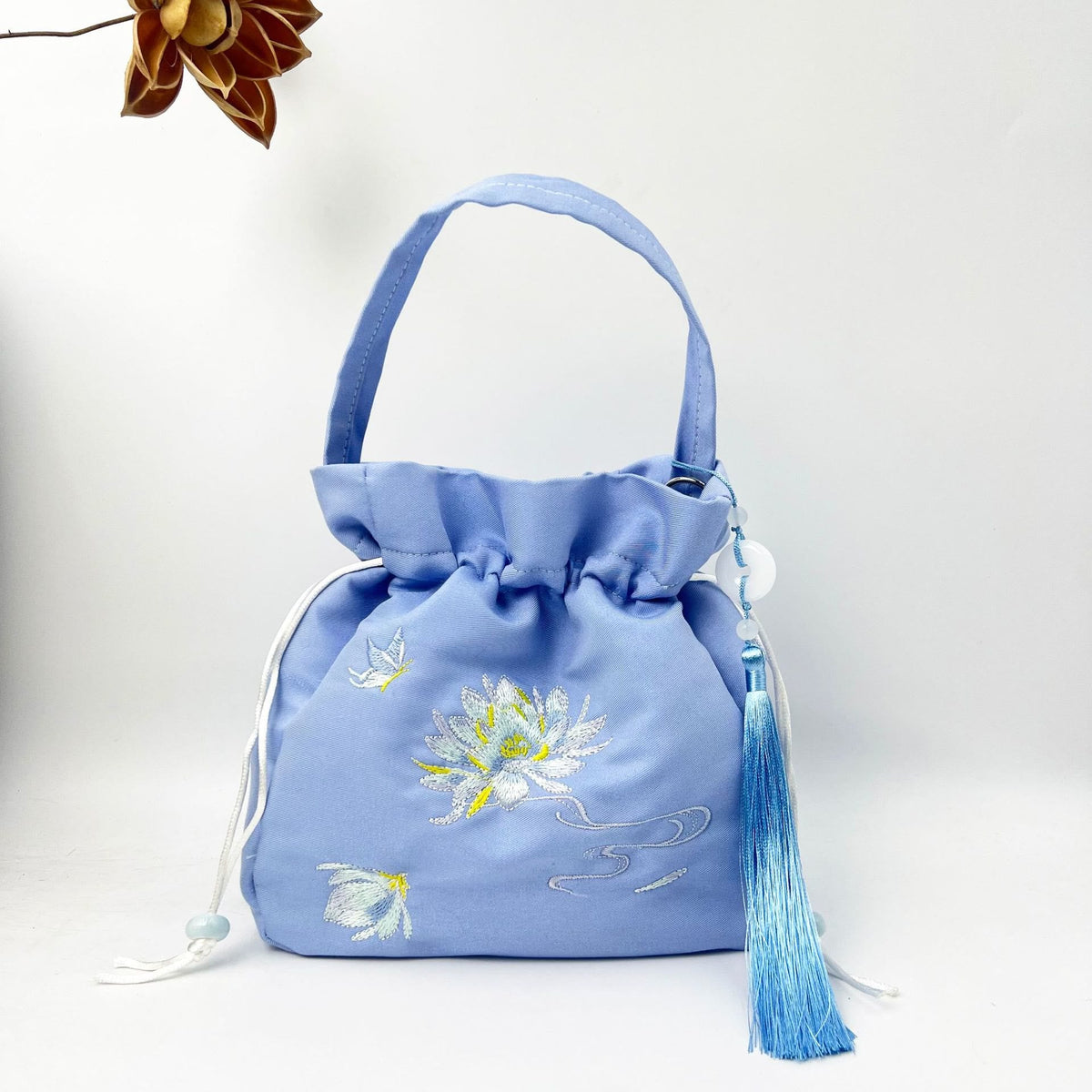 Buddha Stones Embroidered Lotus Koi Fish Crane Camellia Cotton Linen Tote Crossbody Bag Shoulder Bag Handbag Crossbody Bag BS Blue Lotus 20*20*7cm