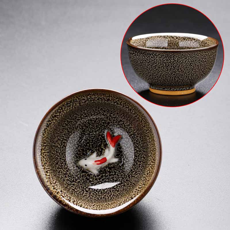Buddha Stones Small Koi Fish Kiln Change Chinese Jianzhan Ceramic Teacup Kung Fu Tea Cup 60ml Jian Zhan Tea Cup BS Brown Gray 7.3cm*4cm*60ml