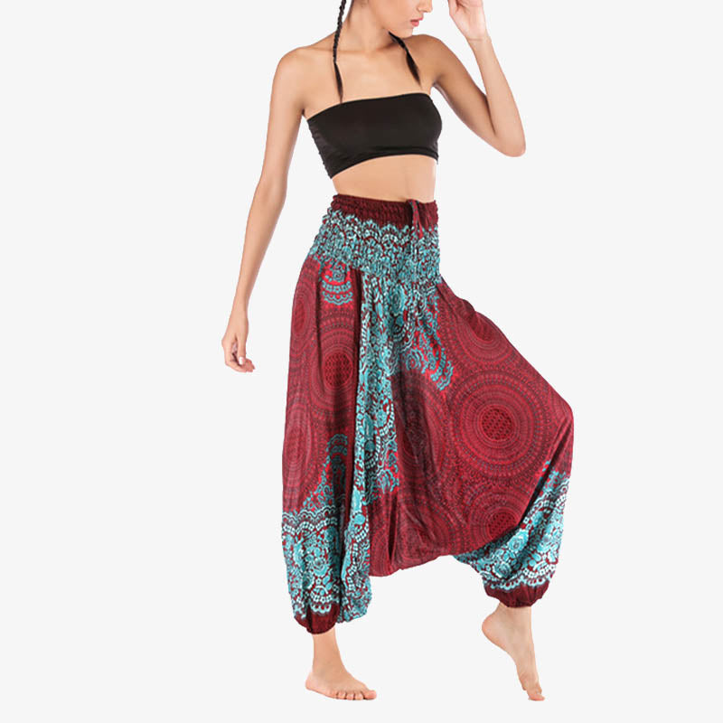 Buddha Stones Two Style Wear Round Geometric Pattern Loose Smocked Harem Trousers Jumpsuit High Waist Women's Yoga Pants Harem Pants&Bodysuit BS 2