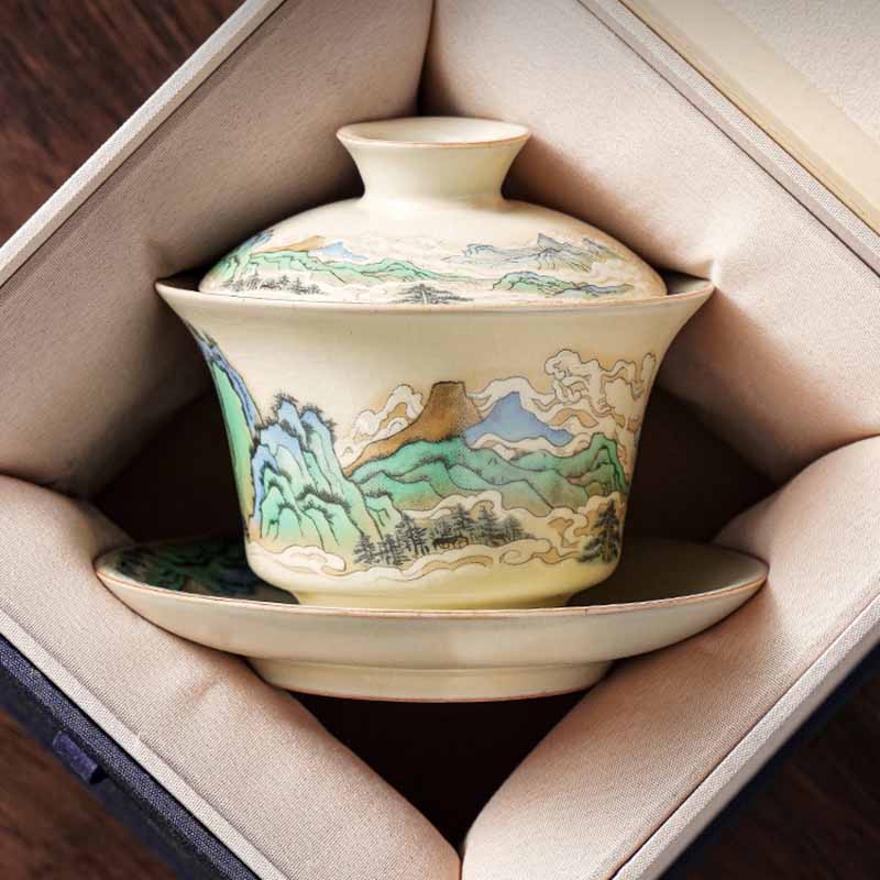 Buddha Stones A Panorama of Rivers and Mountains Flowers Ceramic Gaiwan Sancai Teacup Kung Fu Tea Cup And Saucer With Lid Cup BS 10