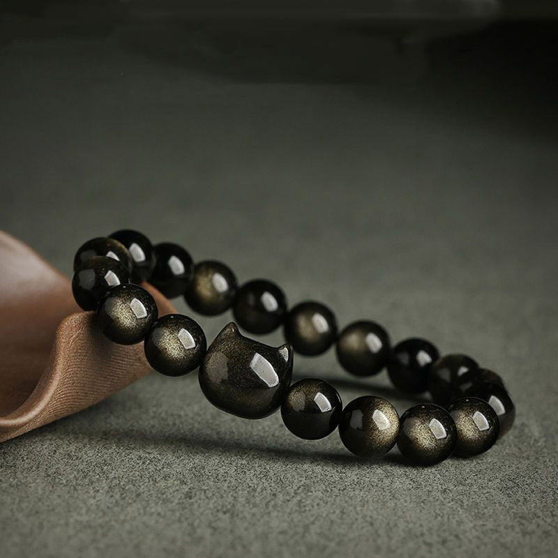 Foviel Gold Sheen Obsidian Silber Sheen Obsidian Schöne Paw Glück Katzenschutz Armband