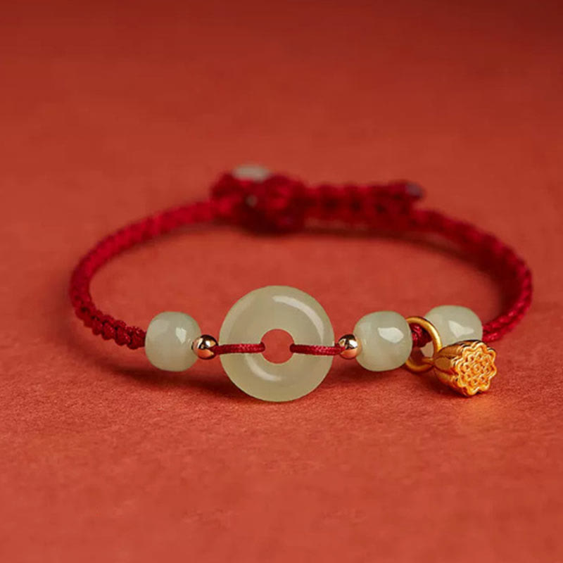 Buddha Stones Round Peace Buckle Jade Lotus Happiness Abundance Wealth String Bracelet - Lotus-Dark Red(Wrist Circumference 14-18cm) - image 0
