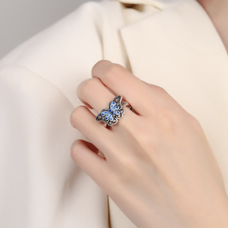 Buddha Stones Hollow Enamel Blue Butterfly Pattern Love Ring Ring BS 4