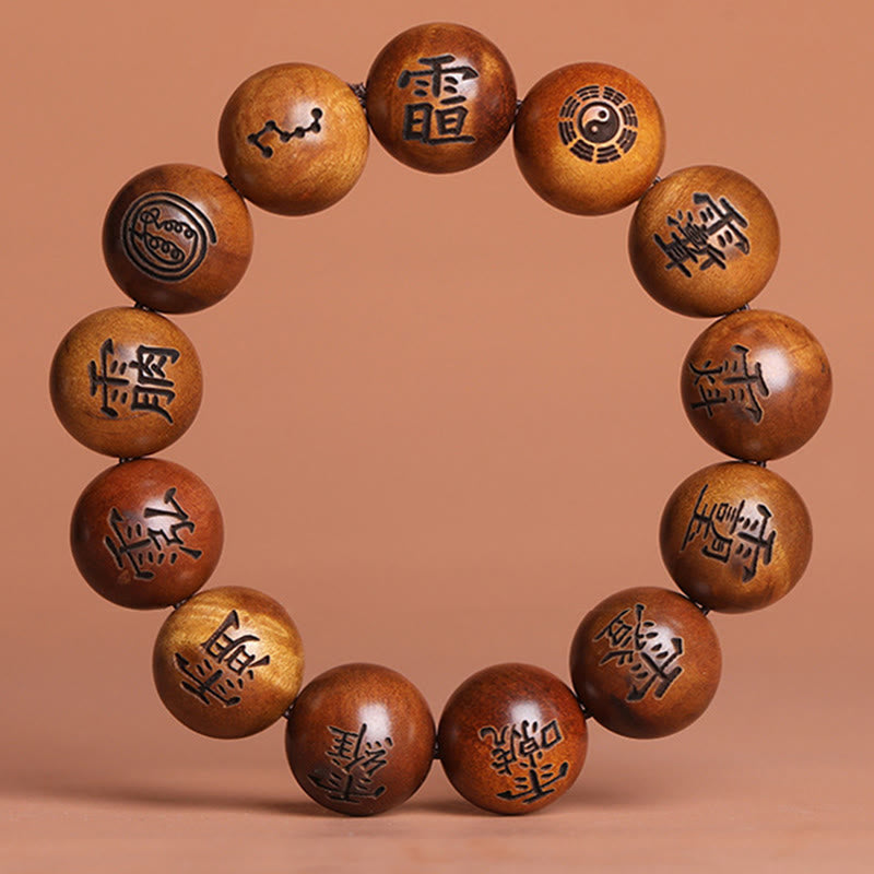 Buddha Stones Lightning Struck Jujube Wood Yin Yang Bagua Taoist Taboo Characters Engraved Protection Bracelet Bracelet BS 18mm(Wrist Circumference 18-20cm)