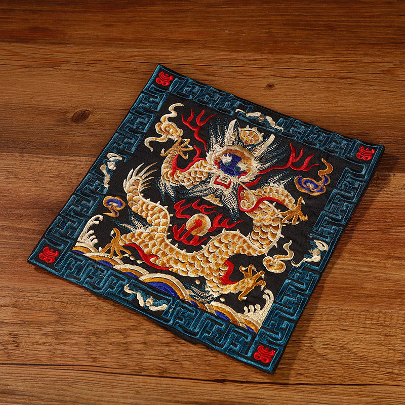 Buddha Stones Crane Phoenix Dragon Kirin Embroidered Cup Mat Pad Tea Cup Coaster Square Kung Fu Tea Mat Tea Mat BS Black Golden Dragon