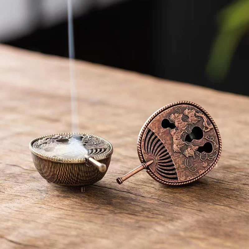 Buddha Stones Small Mini Gourd Fan Pipa Copper Alloy Incense Burner Decoration With Incense Incense Burner BS 2