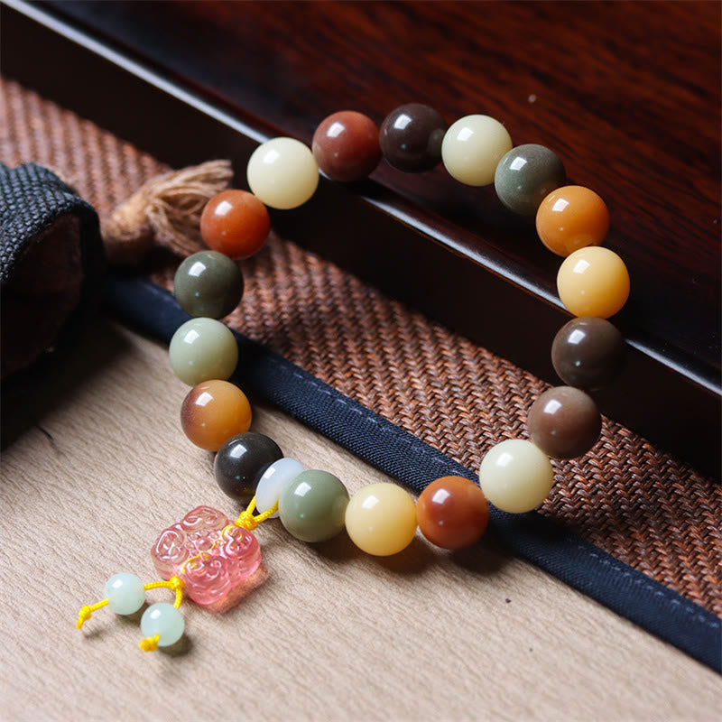 Buddha Stones Natural Multicolored Gradient Bodhi Seed Liuli Glass Charm Peace Bracelet Bracelet BS Bodhi Seed Pink Liuli Glass Charm(Wrist Circumference 14-17cm)