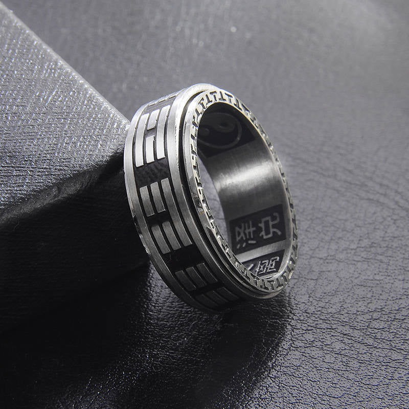 Buddha Stones Bagua Yin Yang Titanium Steel Balance Rotatable Ring Ring BS 14