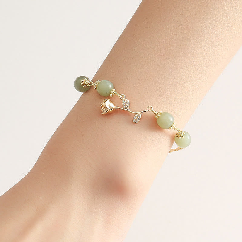 Buddha Stones 14K Gold Plated Hetian Jade Golden Rose Flower Luck Chain Bracelet Bracelet BS 6