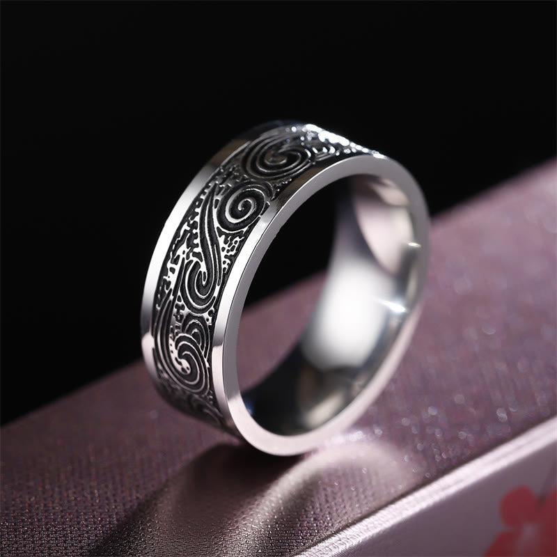 Buddha Stones Vintage Wave Auspicious Clouds Engraved Pattern Titanium Steel Balance Ring - image 2