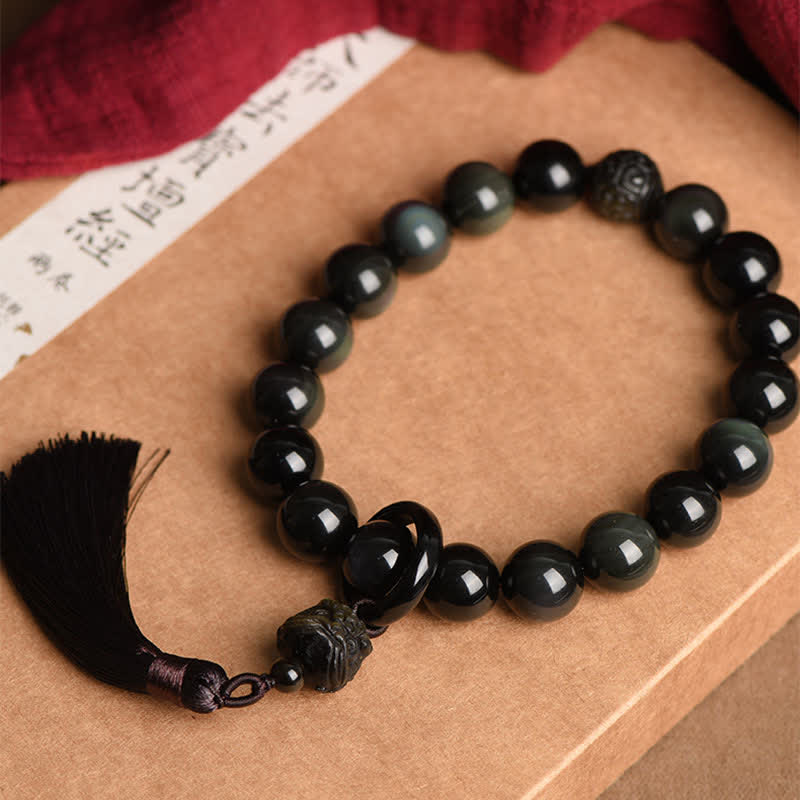 Buddha Stones Natural Black Obsidian Lion Wrist Mala Protection Tassels Pocket Mala Car Decoration Wrist Mala&Decorations BS 2