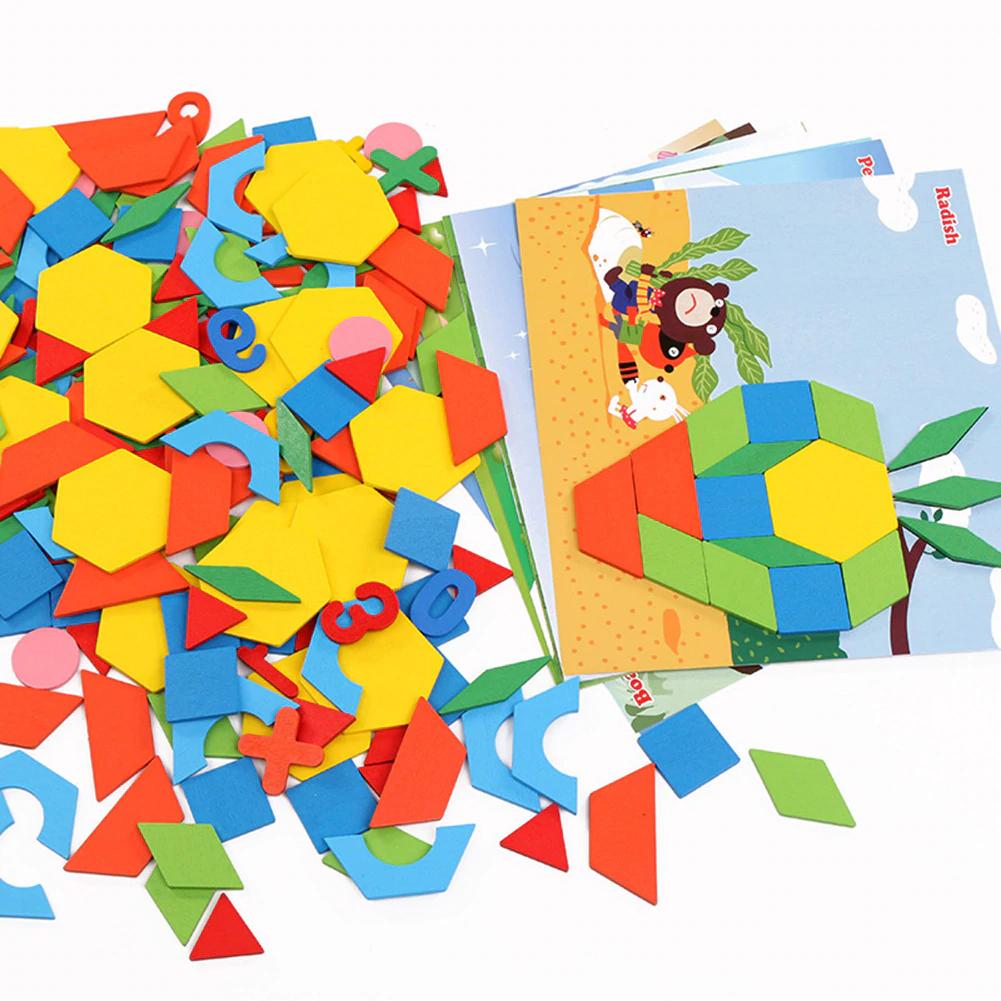 Fidtoy Wooden Pattern Puzzle Blocks 250 Pieces Creative Shape Tangram Building Set for Kids Ages 2 to 6