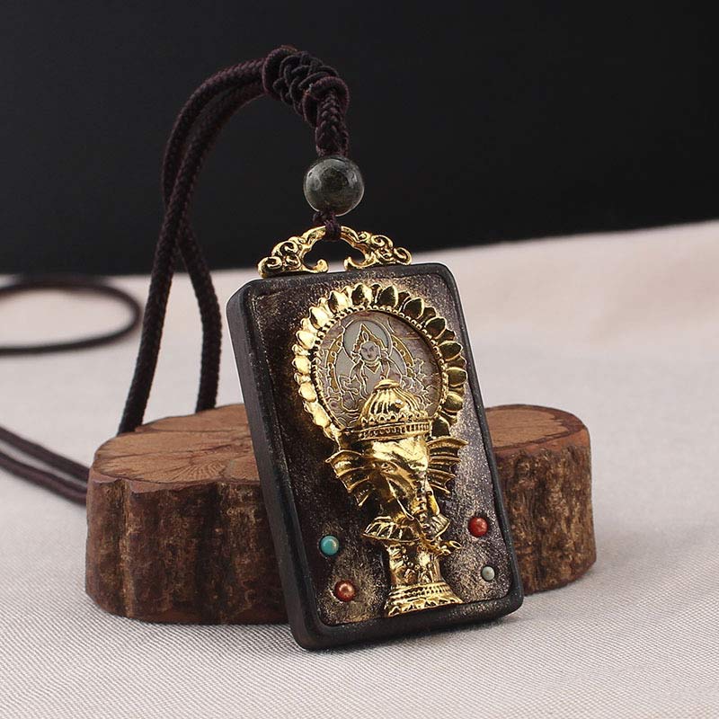 Buddha Stones Ebony Wood Elephant God of Fortune Buddha Blessing Necklace String Pendant Necklaces & Pendants BS Yellow