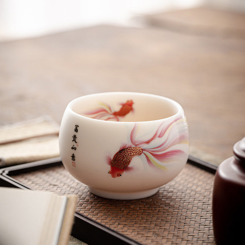 Buddha Stones Koi Fish White Porcelain Ceramic Teacup Kung Fu Tea Cup Cup BS 6