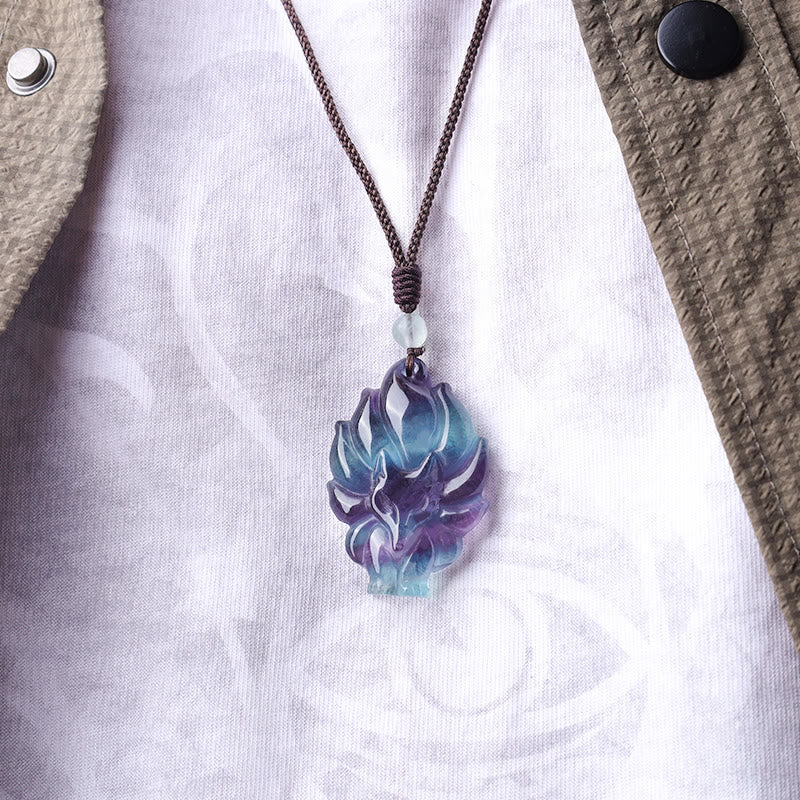 Buddha Stones Natural Fluorite Gold Sheen Obsidian Fox Pendant Protection Necklace Necklaces & Pendants BS 4