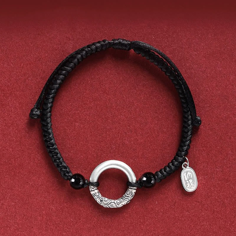 Buddha Stones 925 Sterling Silver Black Onyx Peace Buckle Fu Character Charm Bracelet Bracelet BS Peace Buckle&Agate Fu Character Charm(Wrist Circumference 14-26cm)