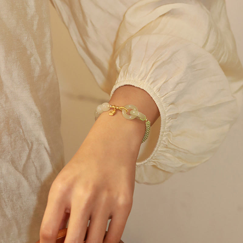 Buddha Stones Natural Hetian Jade Bead Double Peace Buckle Fu Character Abundance Braided Bracelet Bracelet BS 9