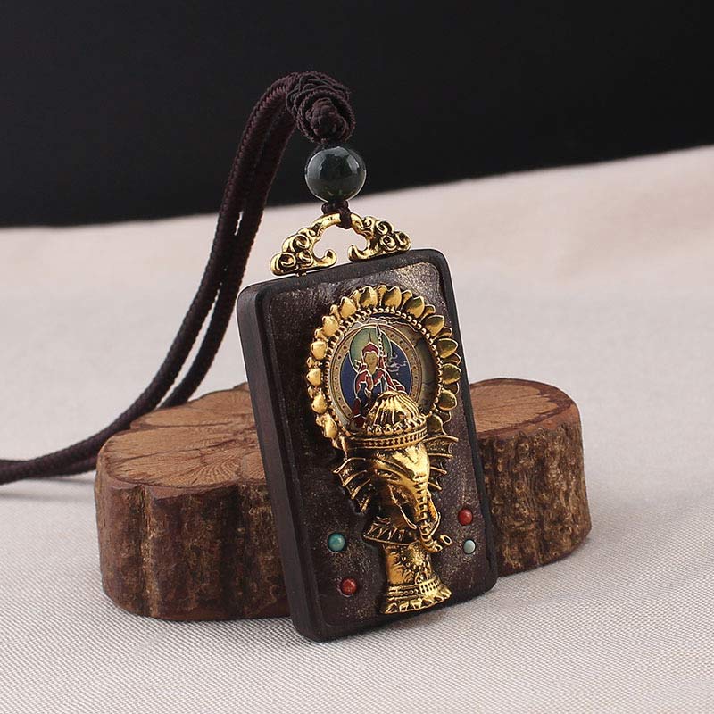 Buddha Stones Ebony Wood Elephant God of Fortune Buddha Blessing Necklace String Pendant Necklaces & Pendants BS Gold